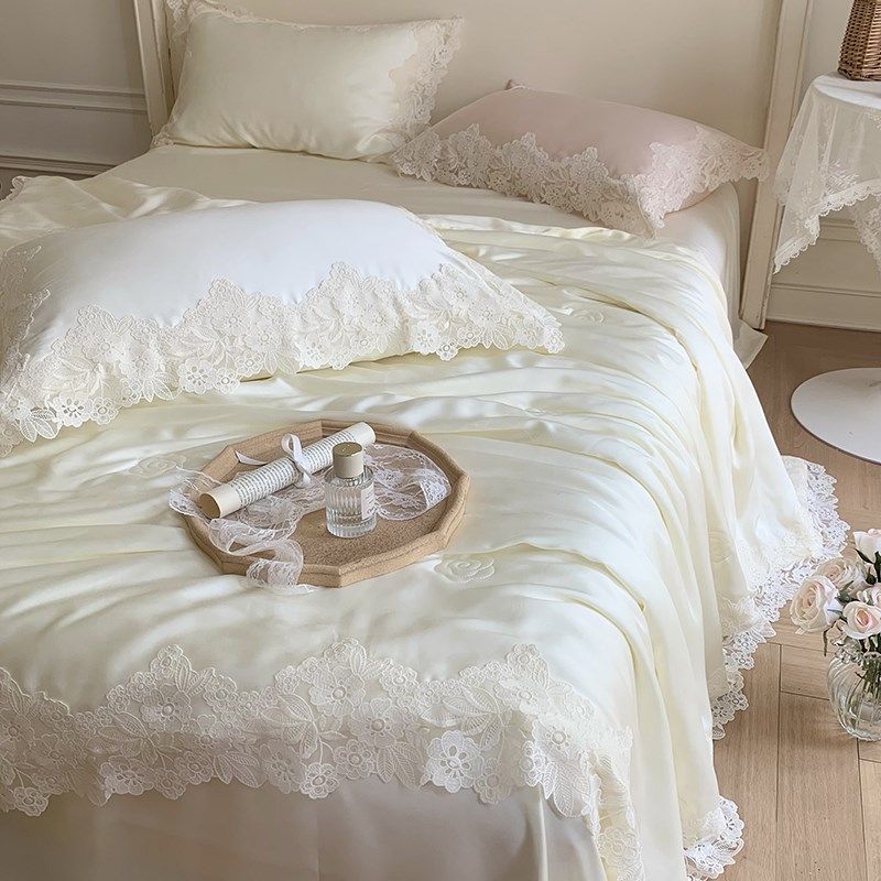 法式80c支兰精天丝夏凉被四件套公主风凉感薄被子丝滑仙女粉色夏