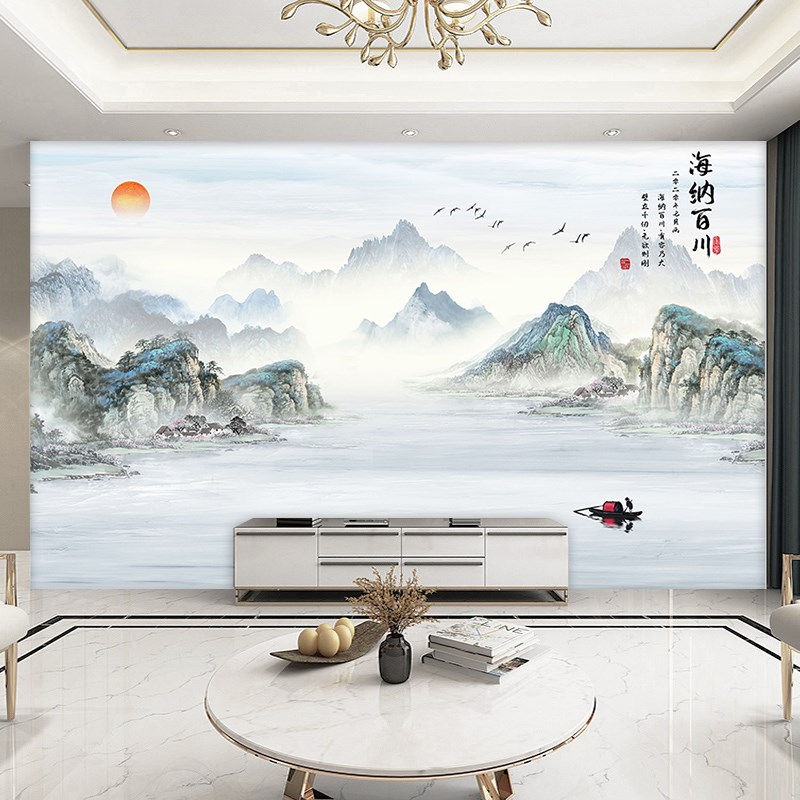 客厅电视背景墙壁纸m新中式壁画2024新款山水画壁布影视墙墙布定