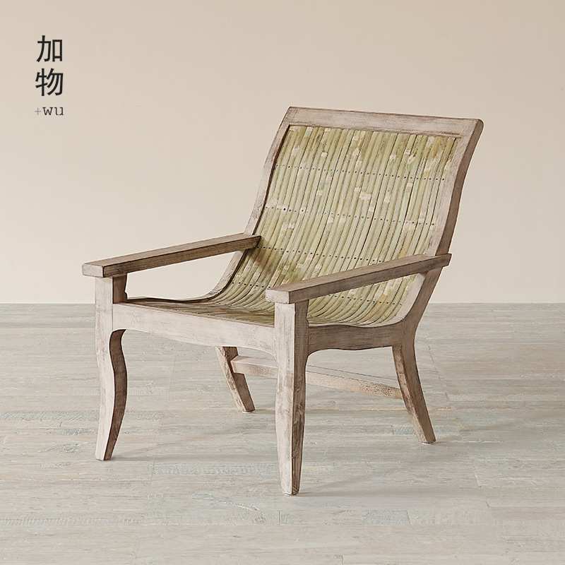 侘寂风竹木户外阳台旧木躺椅 日式古董复刻老木头复古休闲扶手椅