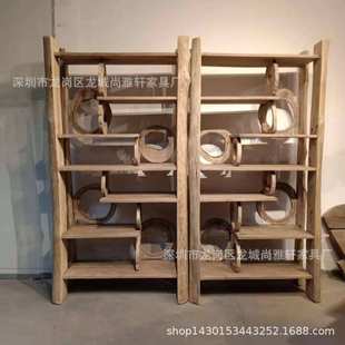 原生态家具风化香樟木创意格子圆圈博古架展示免漆客厅茶室装饰架