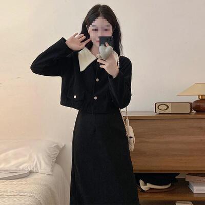 #339实拍 灯芯绒两件套秋冬新款大码胖mm小香风外套+半身长裙套装