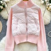 针织拼接棉服外套女2025秋冬设计感小众百搭立领宽松短款 保暖上衣