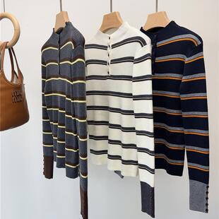 2025秋季新款条纹针织衫女韩系立领半开纽扣撞色显瘦毛衣打底上衣