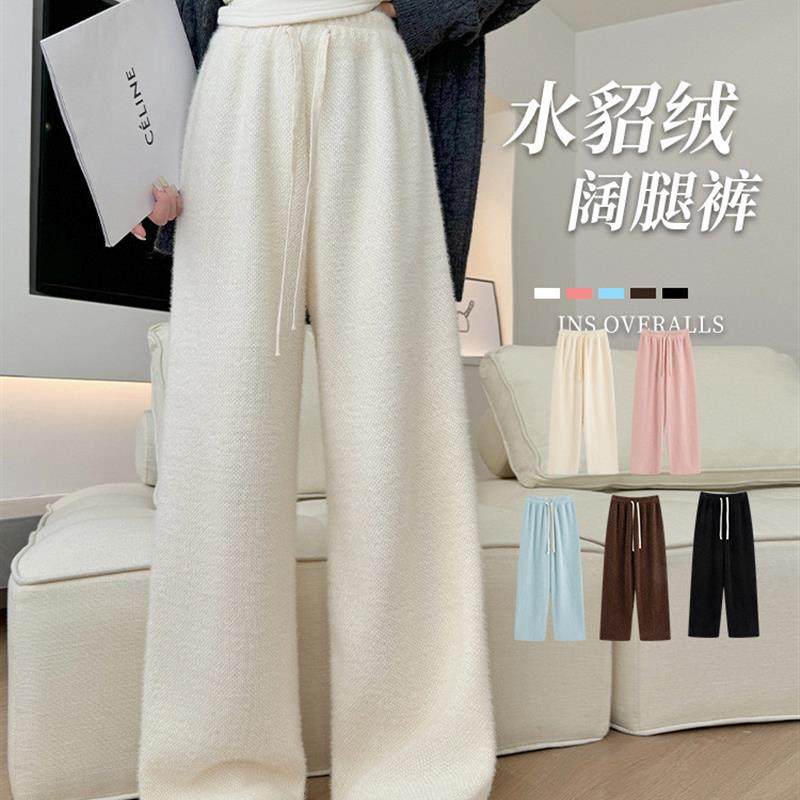白色加绒裤子女冬新款宽松慵懒直筒裤小个子休闲糯米水貂绒阔腿裤