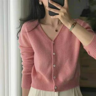 V领短款100羊毛针织开衫秋冬款韩版气质羊绒穿搭外穿毛衣女款代发