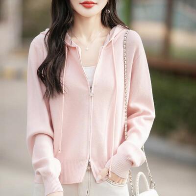 双拉链开衫早秋新款安迪绒连帽卫衣新款针织上衣女式外套时尚毛衣