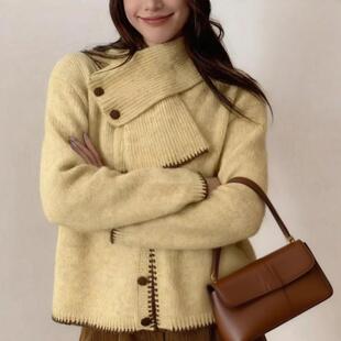 韩系2025秋冬新款宽松针织开衫带围脖撞色外搭上衣女套装毛衣外套