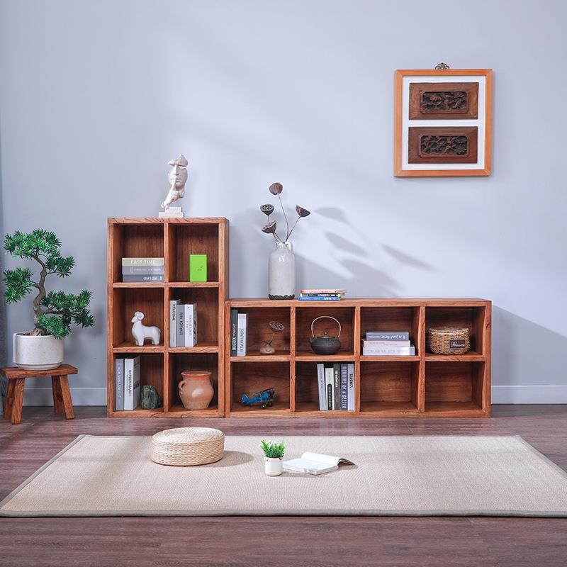 老榆木实木书架格子柜组合置物架落地靠墙书柜一体客厅儿童矮柜