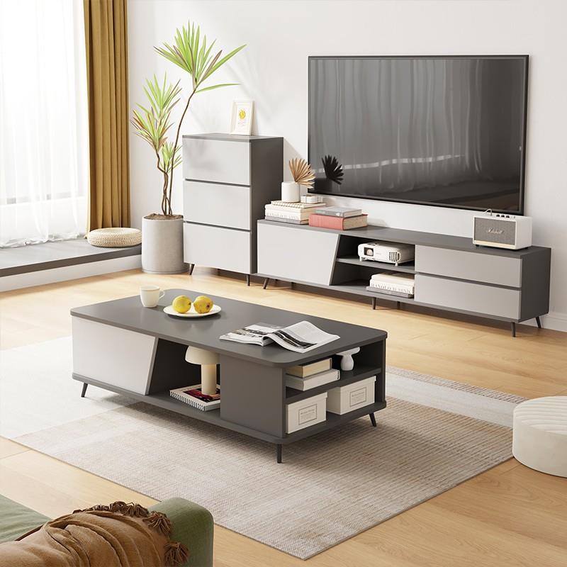 原木色极简创意现代简约电视柜收纳一体茶几地柜组合三斗柜大容量