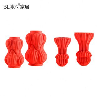 中国红色陶瓷花瓶高档花器现代简约客厅摆件3D打印设计师软装 饰品
