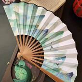 竹面夏天古风结绿色寸耐用轻便折叠扇子布9中国风男生山水实双面
