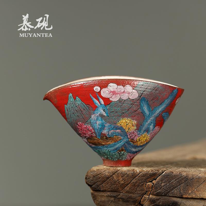 慕砚手工山海经神兽手绘公道杯纯手工银彩九尾狐分茶器陶瓷匀杯