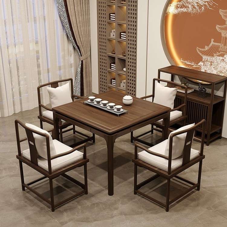 榆木八仙桌带抽屉餐桌椅棋室茶馆打牌桌新中式茶桌掼蛋专用四方桌
