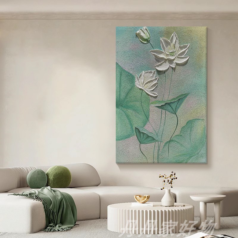 抽象荷花丙烯砂岩手绘油画客厅和气生财装饰壁画玄关立体肌理挂画