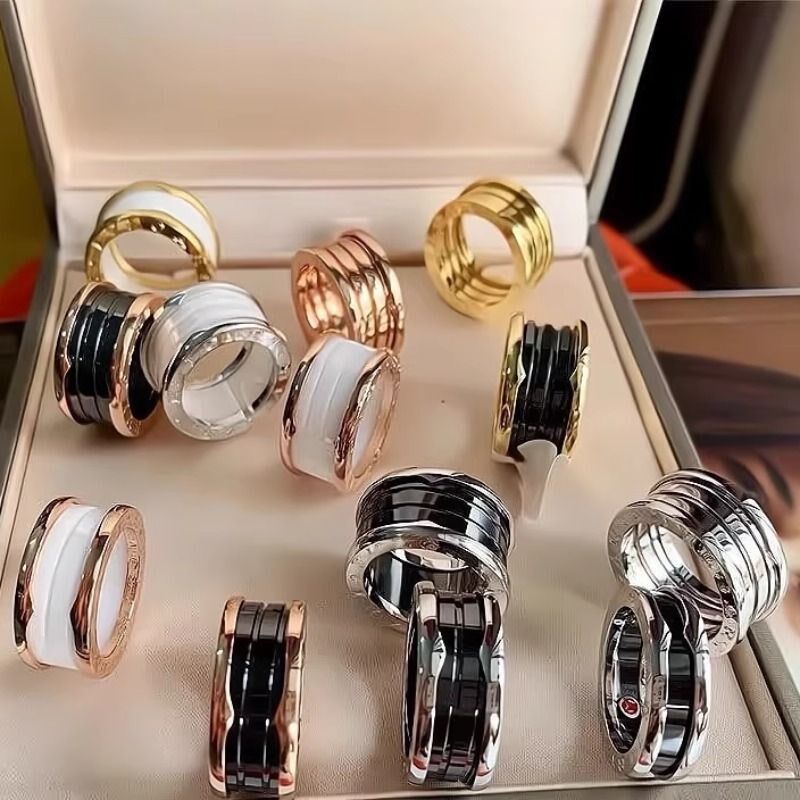 时尚黑白陶瓷戒指男女情侣对戒经典窄H女戒指个性潮流玫瑰金弹簧