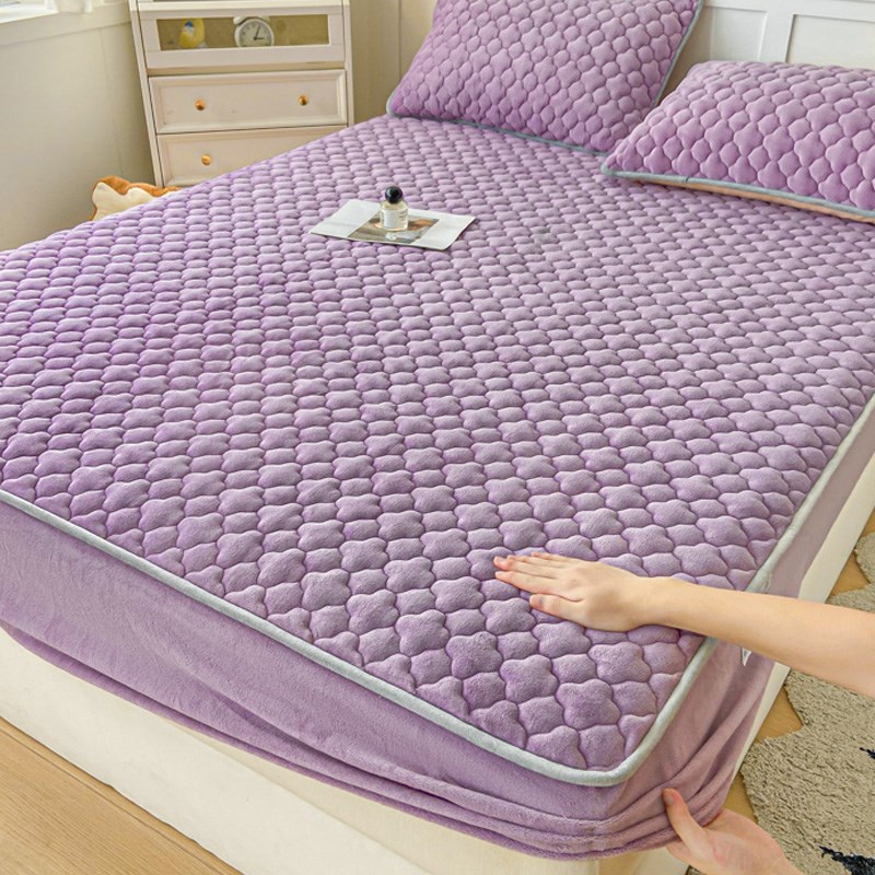 牛奶绒夹b棉床笠单件冬季加厚保暖珊瑚绒床垫保护套防滑床罩三件