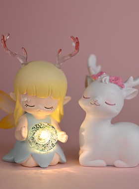 可爱小鹿与女孩少女心小夜v灯房间装饰卧室摆件治愈系生日礼物女