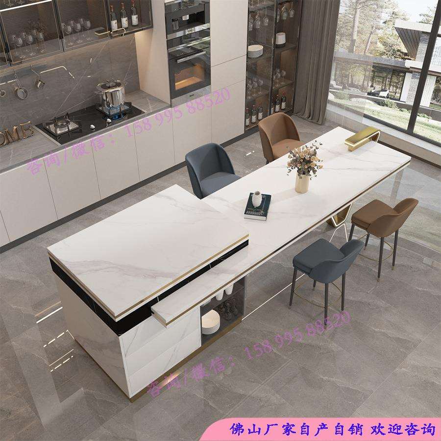 悬空多功能伸缩岩板岛台餐桌一体成品开放式厨房吧台餐桌岛台