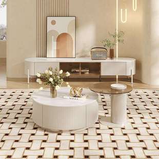 新款 现代奶油茶几电视柜组合小户型客厅圆形岩板家用家具PT059