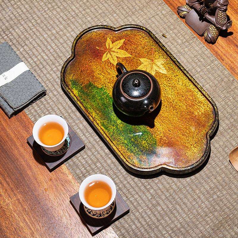 弘一漆器茶具 茶盘大漆流金枫叶小茶台 黑檀木茶室装饰壶承干泡盘