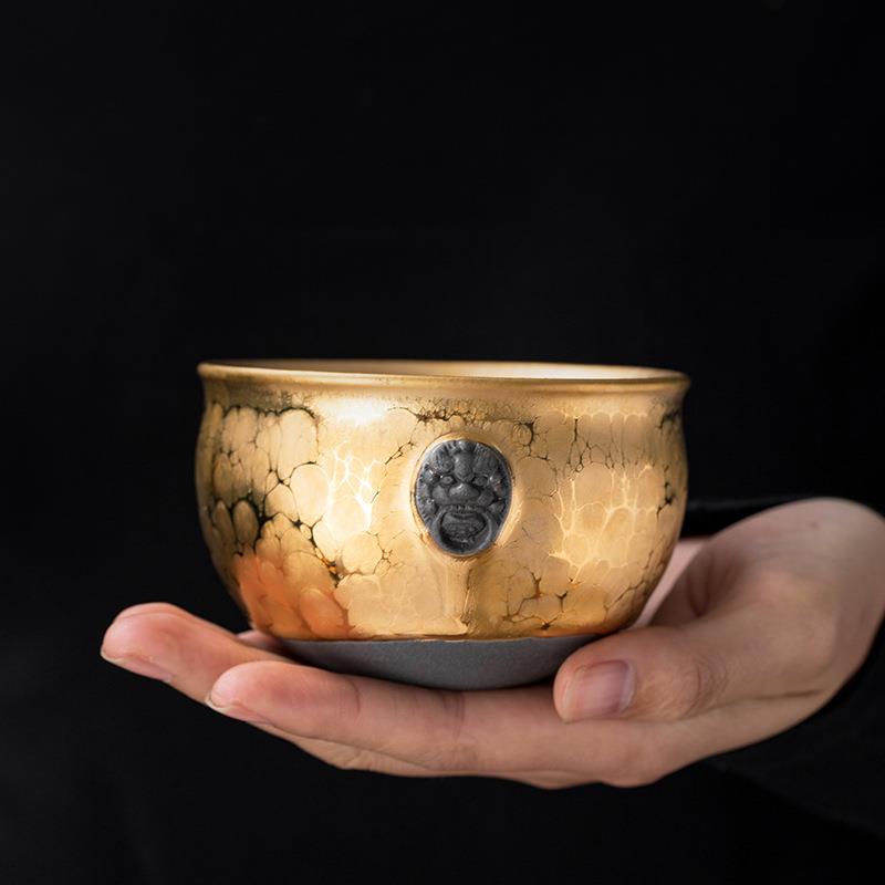 黄金油滴建盏金建窑茶盏主人杯瑞兽风水缸杯陶瓷品茗杯茶具鎏金