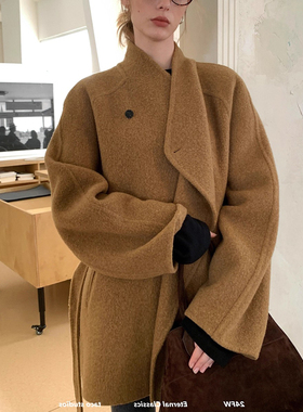 气质新款高级感中古插肩袖特殊肌理随性慵懒通勤羊绒双面呢大衣女