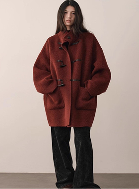 时髦高级感新款苏丽羊毛立领牛角扣双面呢大衣小个子毛呢外套女