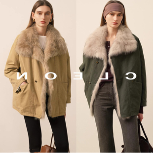 加厚防风保暖派克服外套 高级拼接狐大翻领90白鹅绒中长款 冬季 新款