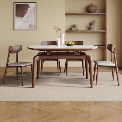 连纹岩板伸缩餐桌现代简约家用小户型现代简约实木折叠可变圆饭桌