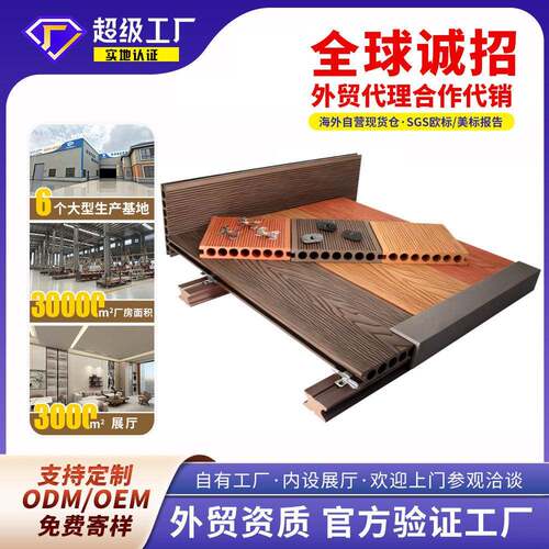 跨境出口户外木塑地板栈道庭院园林木纹圆孔wpc二共挤塑木地板
