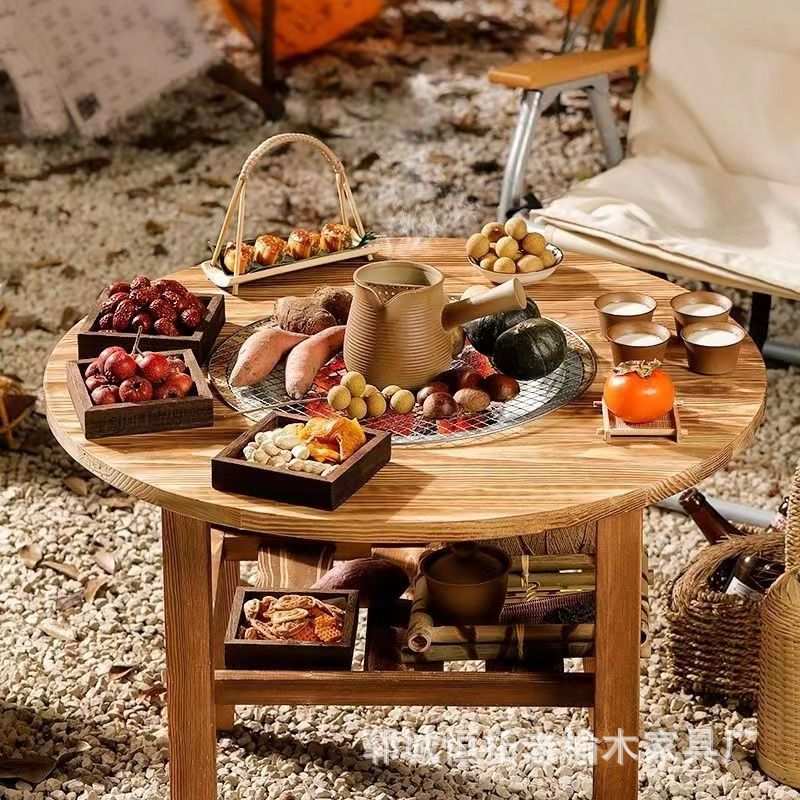 新中式老榆木火锅桌家用阳台圆形餐桌木质露营野餐桌烧烤桌