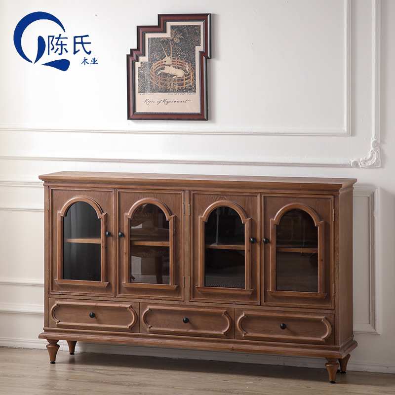 中古风餐边柜实木玻璃门斗柜多功能靠墙边柜美式入户玄关柜装饰柜