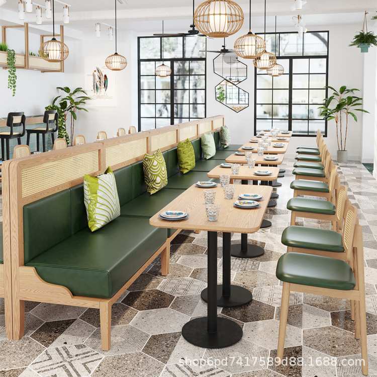餐厅卡座北欧定制编藤实木桌椅组合主题饭店餐饮实木餐椅