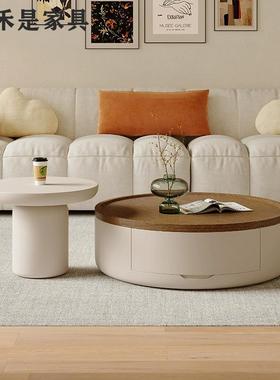 法式中古风圆形茶几客厅家用小户型奶油风现代简约胡桃色茶几组合