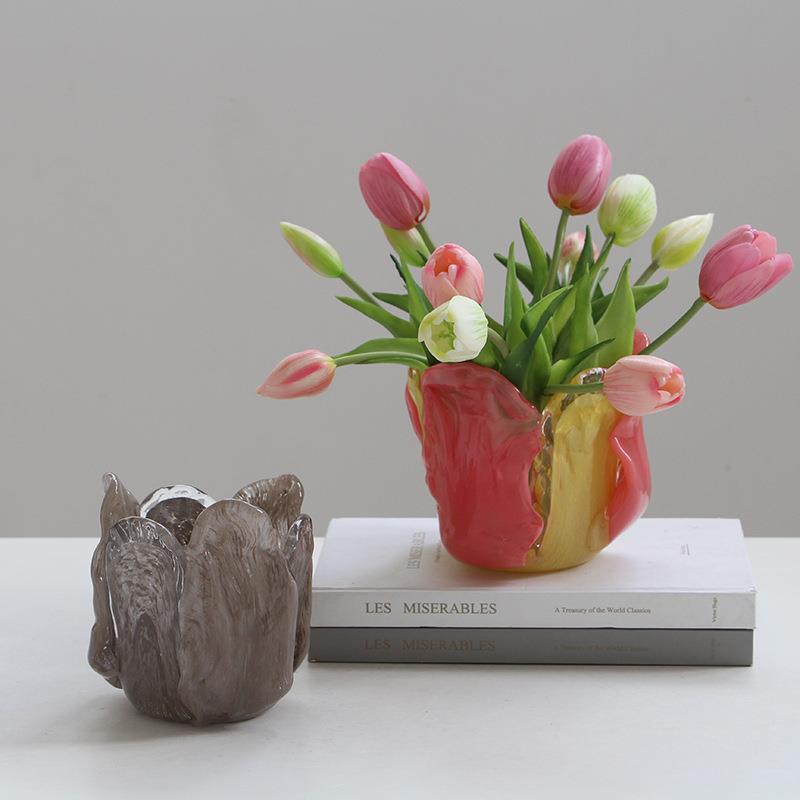 北欧创意双耳糖果色手工可爱方缸花瓶鲜花餐桌电视柜多巴胺玻璃瓶