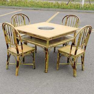 竹制火锅桌方长桌竹压板串串香圆桌电磁炉液化气桌椅火锅桌商用