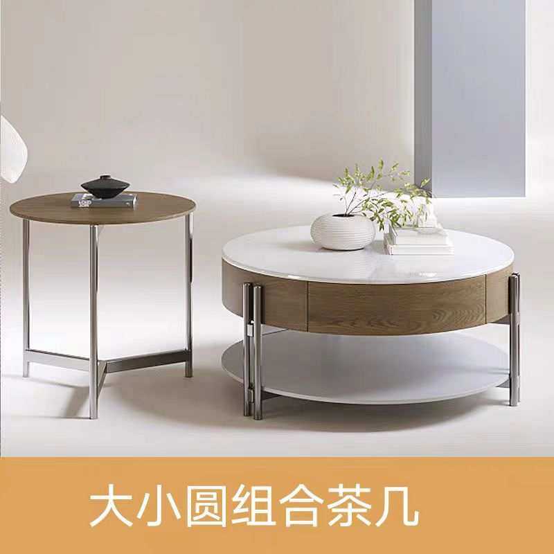 新款大小圆超晶石茶几小户型客厅现代微晶石圆形茶几家用储物茶几