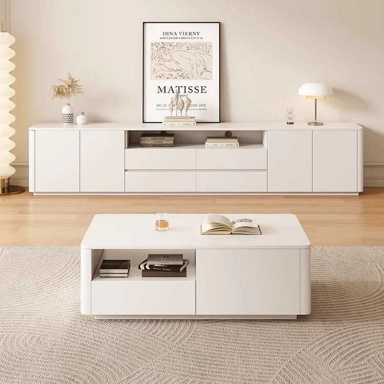 奶油风实木落地电视柜客厅家用小户型茶几高款双层加宽台面电视柜