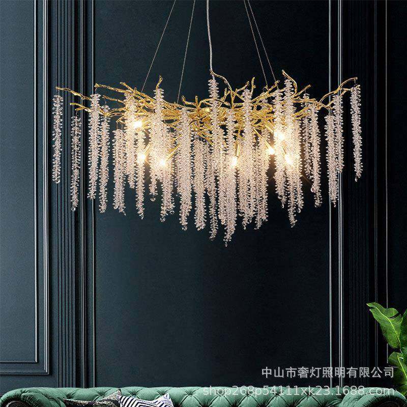 轻奢客厅吊灯现代法式餐厅卧室主灯K9水晶串金色树枝大气奢华灯具