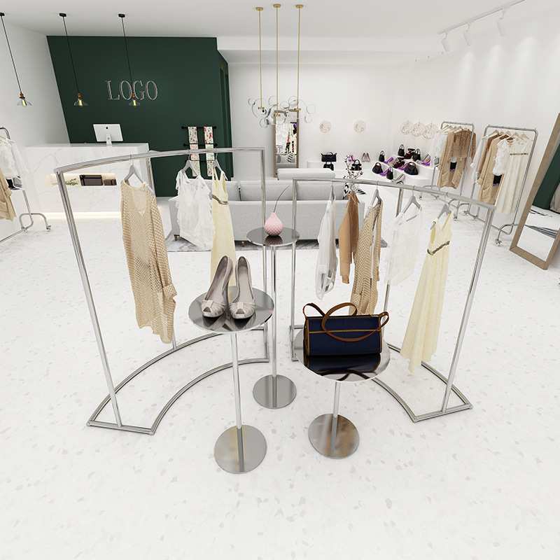 服装展示架高低半圆形挂衣杠子服装店橱窗展示流水台不锈钢中岛架