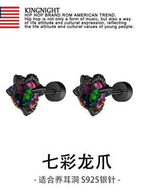 高定闪钻S925银黑七彩龙爪耳钉