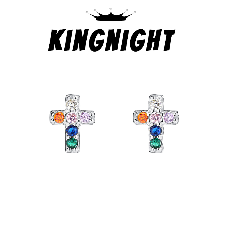 S925银彩色锆石十字架耳钉男
