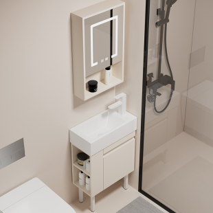 小户型落地式 g实木浴室柜组合智能奶油风超窄加长陶瓷洗手盆洗漱