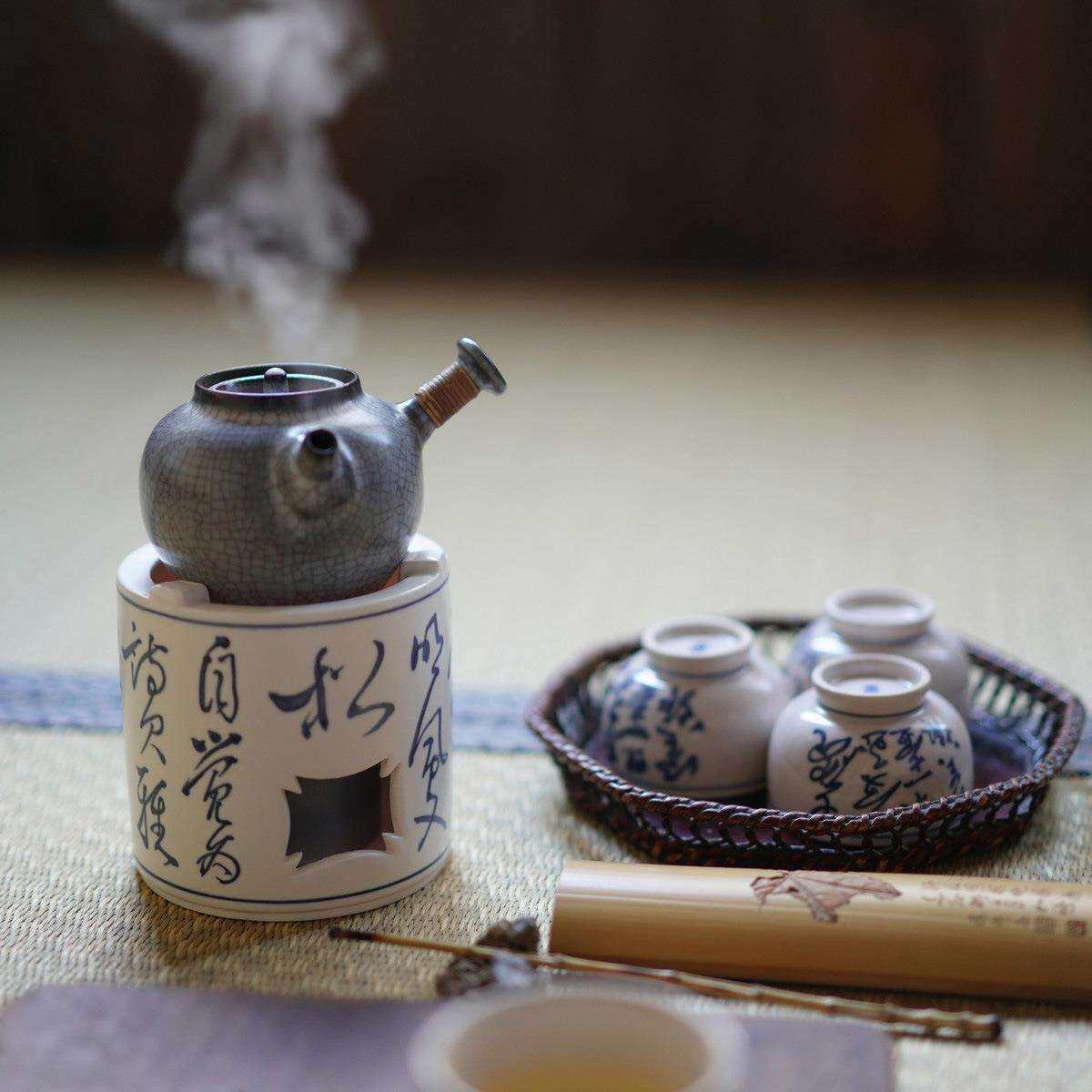 梵山堂青花诗文直身酒精炉茶炉茶壶蜡烛灯底座加热烧茶煮茶器