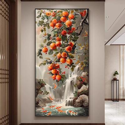 新中式多子多福石榴玄关装饰画流水生财走廊挂画九鱼图入户壁画灯