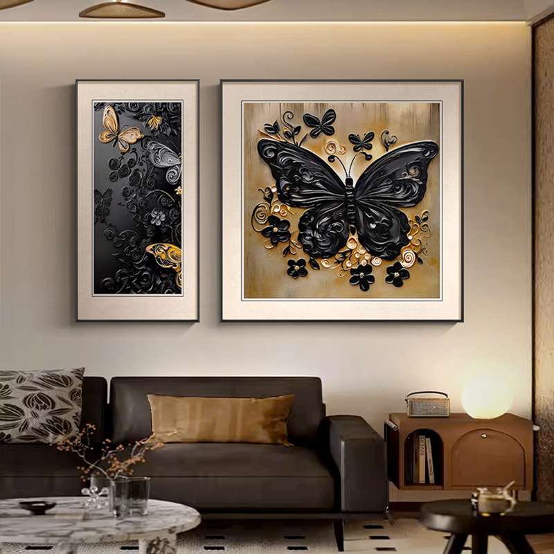 中古风金钱豹黑色蝴蝶餐厅装饰画高级立体感餐边柜挂画两联组合画图片