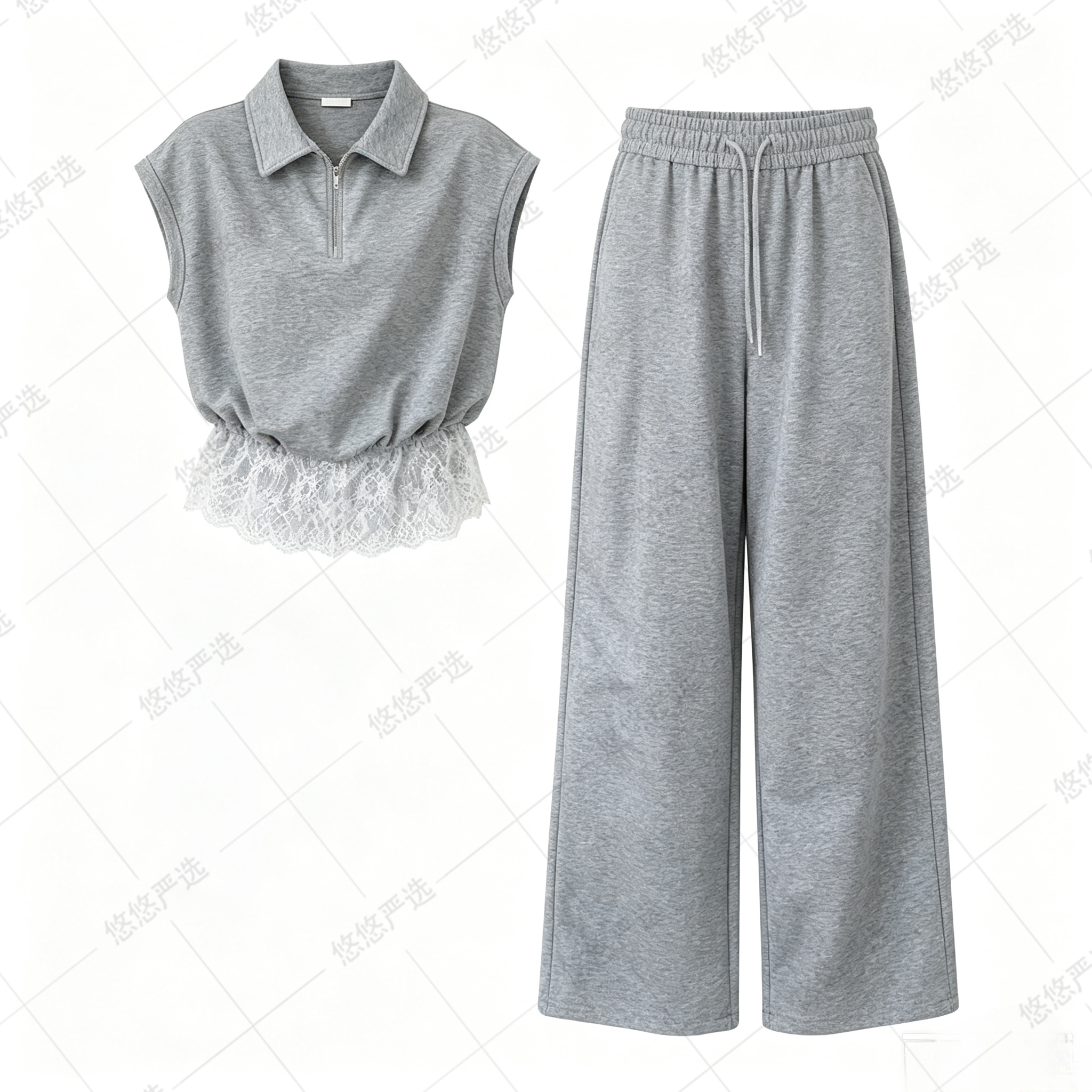 【品牌订单】珩绣休闲蕾丝拼接短袖阔腿裤两件套 Y-T26718