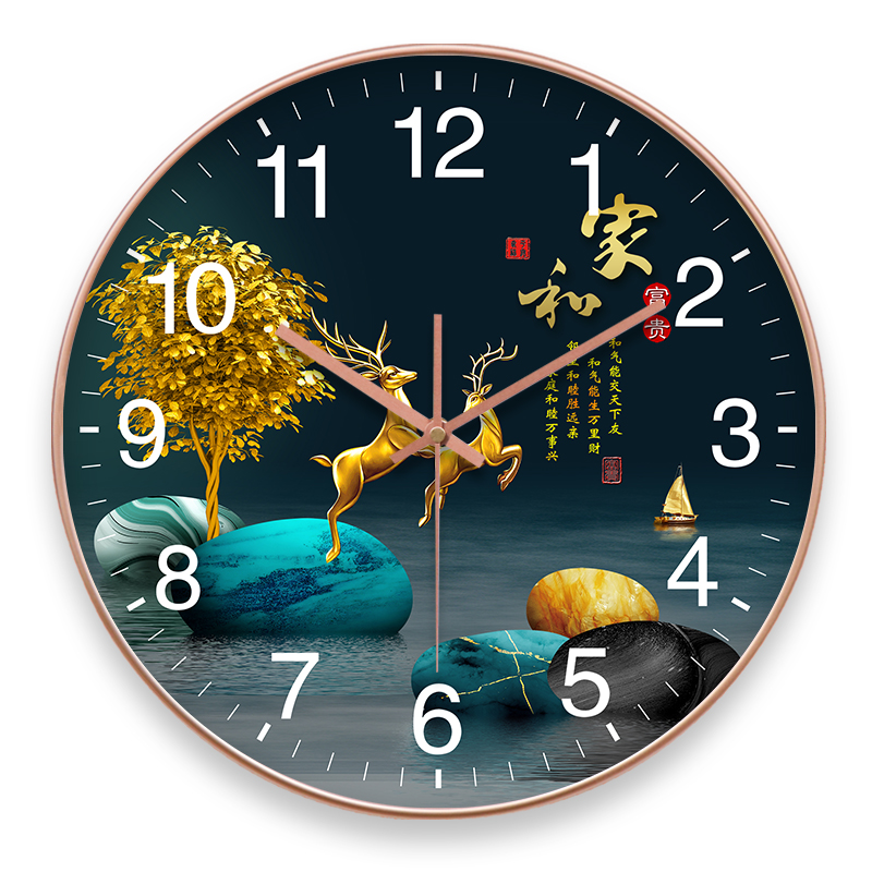 新中式客厅e静音挂钟家用石英钟挂墙中国风免打孔简约轻奢时钟高