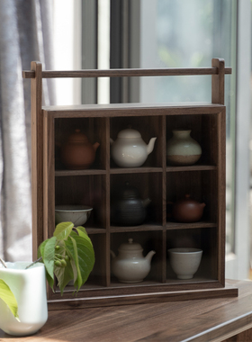 免漆提梁九宫格瓷器盒实木置物架玻璃茶壶多宝格架V收纳展示方格