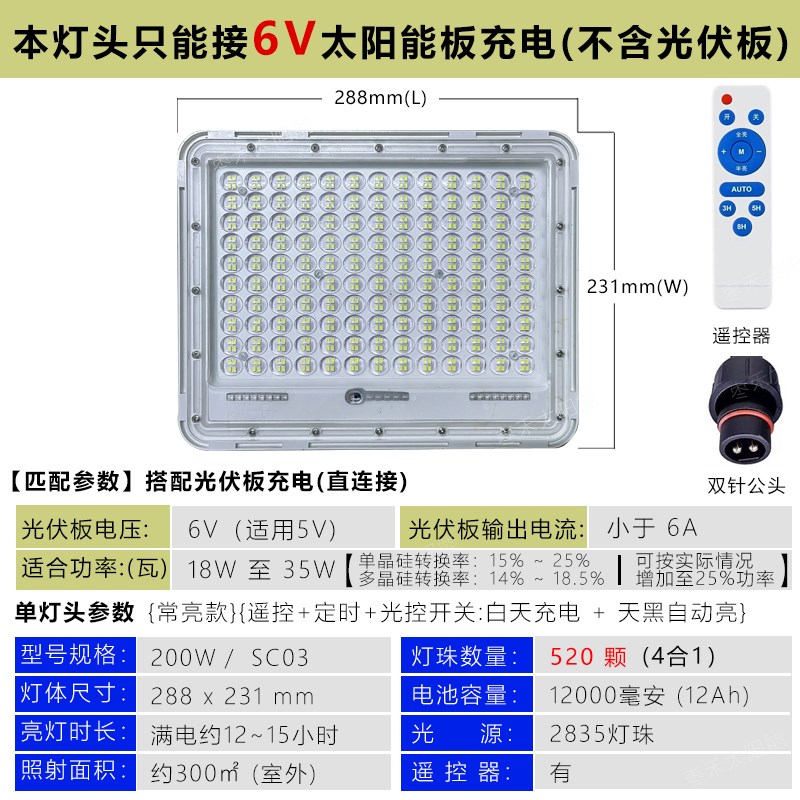 光伏板通用6-9-12-18-24V专用太阳能单灯头户外U庭院路灯头带电池